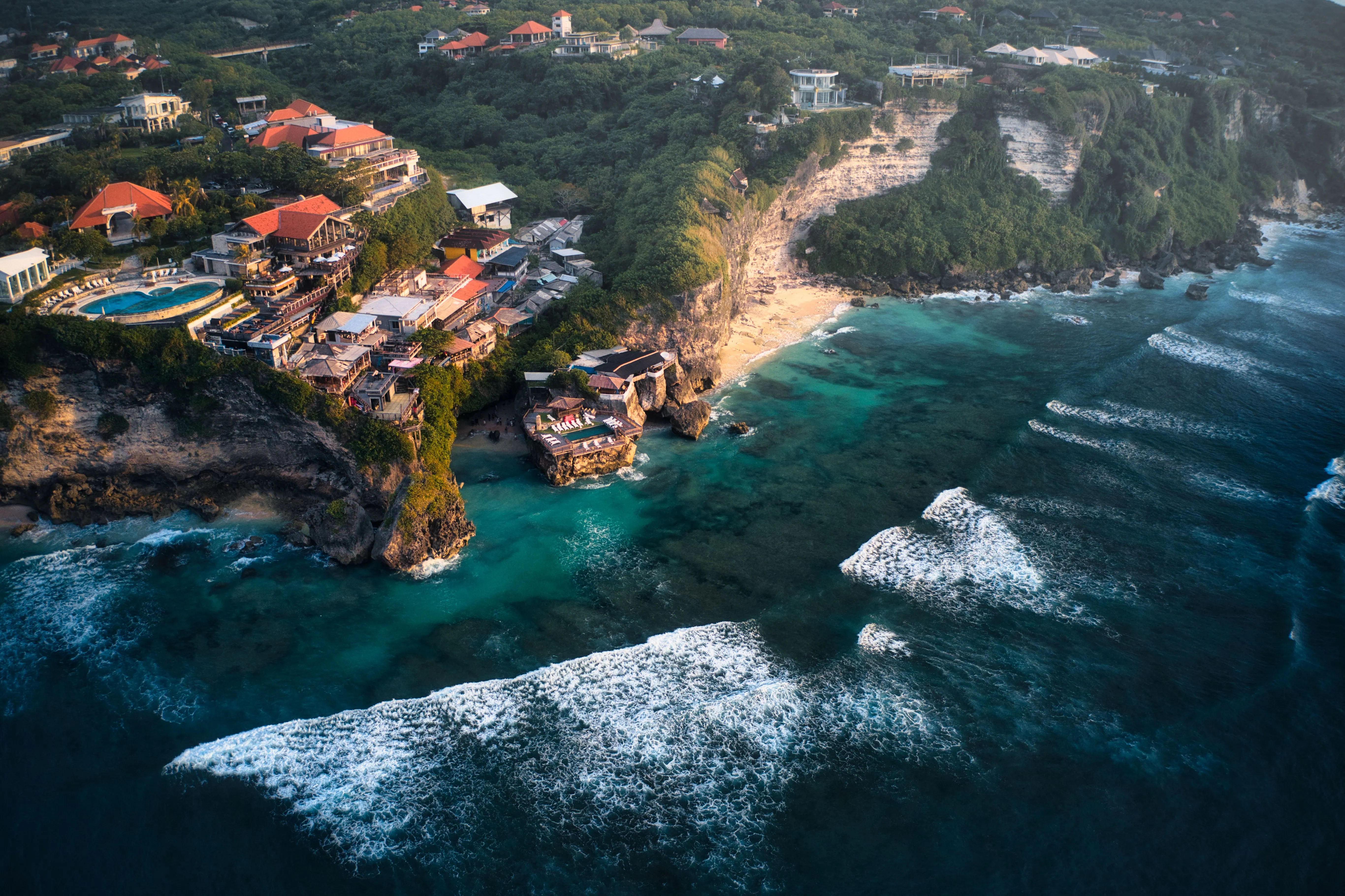 Beautiful aerial view of the Blue point beach, Suluban beach in Bali Indonesia