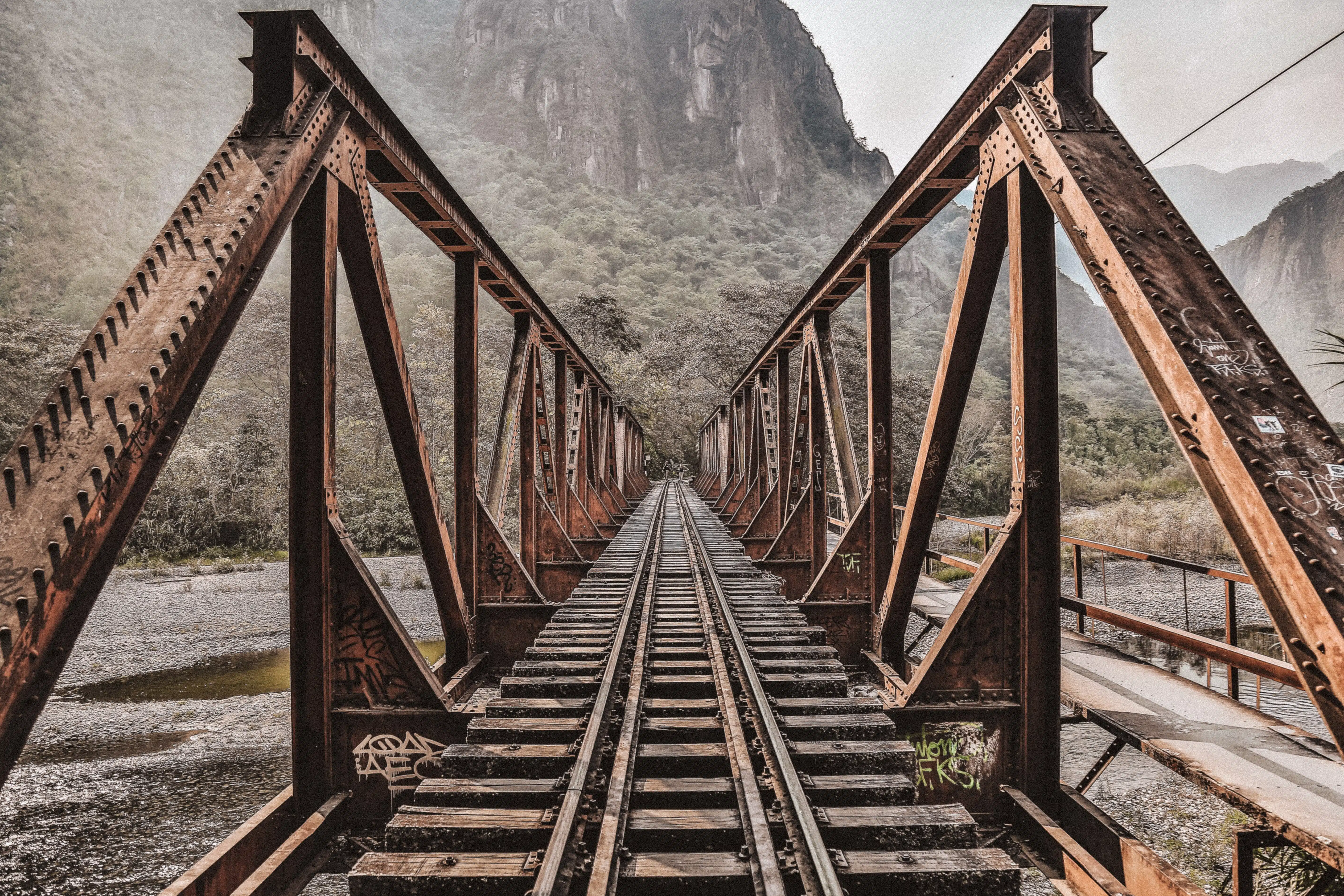 Walking over the train tracks to reach the Machu Picchu Mountain