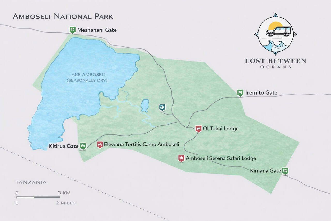 Detailed map of Amboseli National Park, showing gates, lodges, and seasonal lakes, in Kenya with eco-tourism hotspots and wildlife destinations.