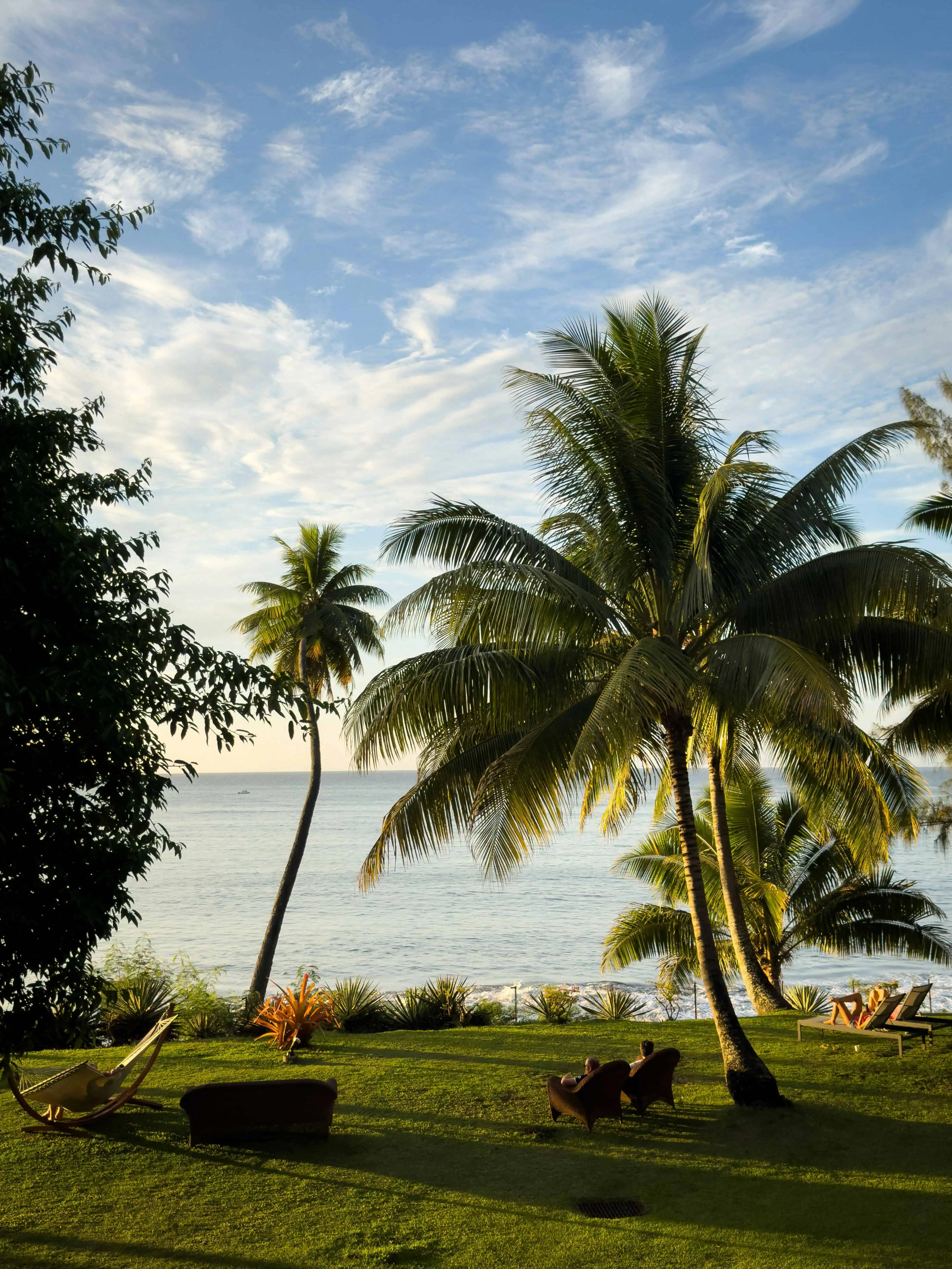 Palm trees, beach and turquoise lagoon in Tahiti.
