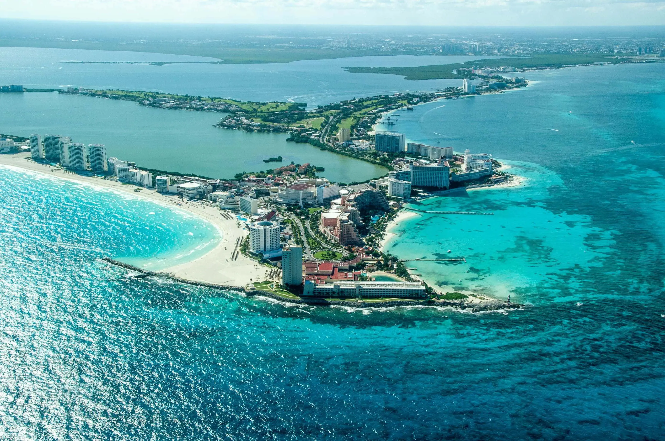 An aerial view of the scenic skyline on the shore of Cancun