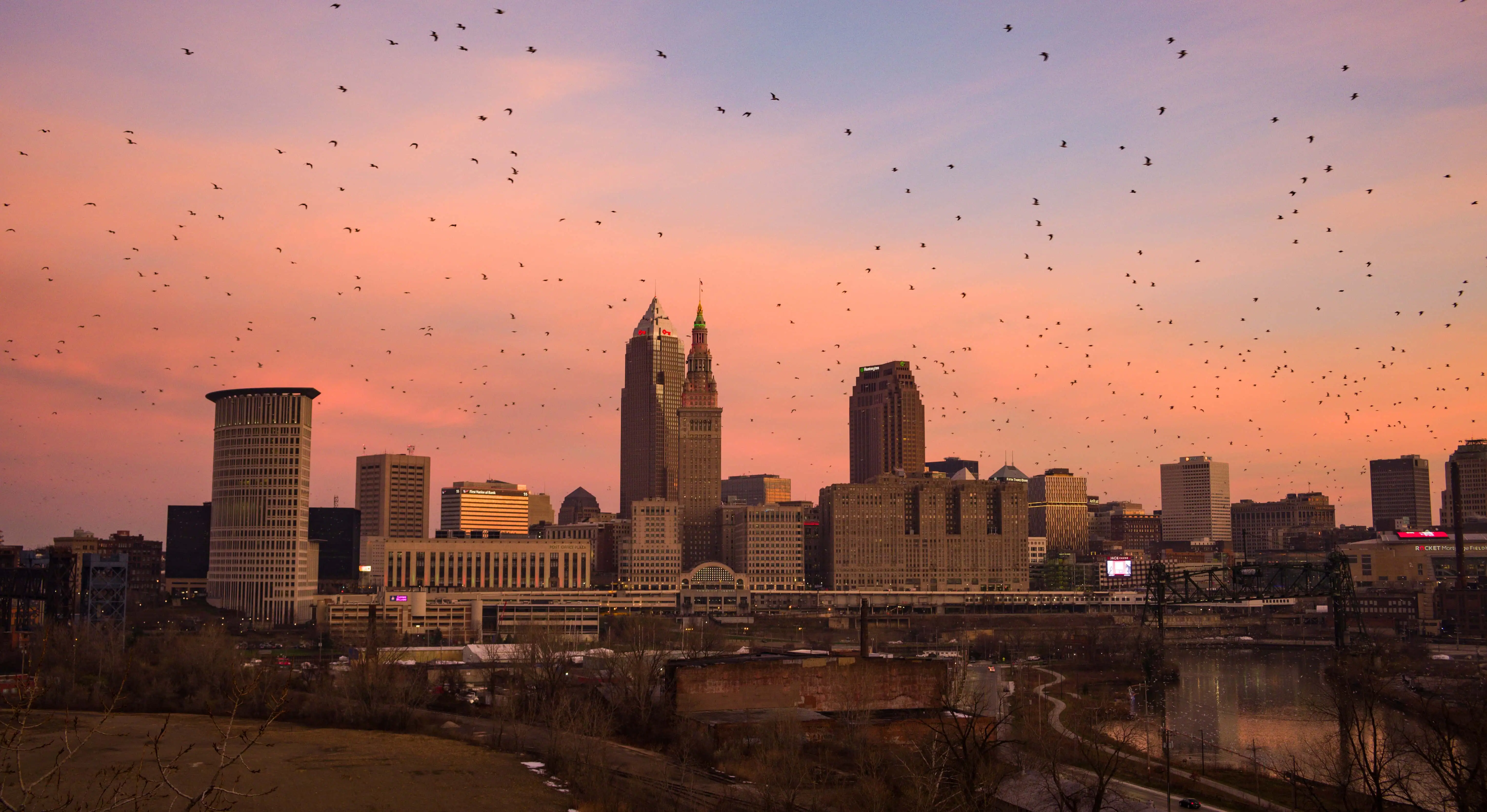 The skyline of Cleveland in Ohio on the sunset