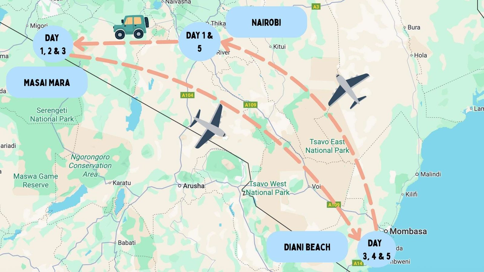 5 Day Kenya Safaris (7 Unique Itineraries for 2026)! 18 Map of 5 day Kenya safari & beach itinerary