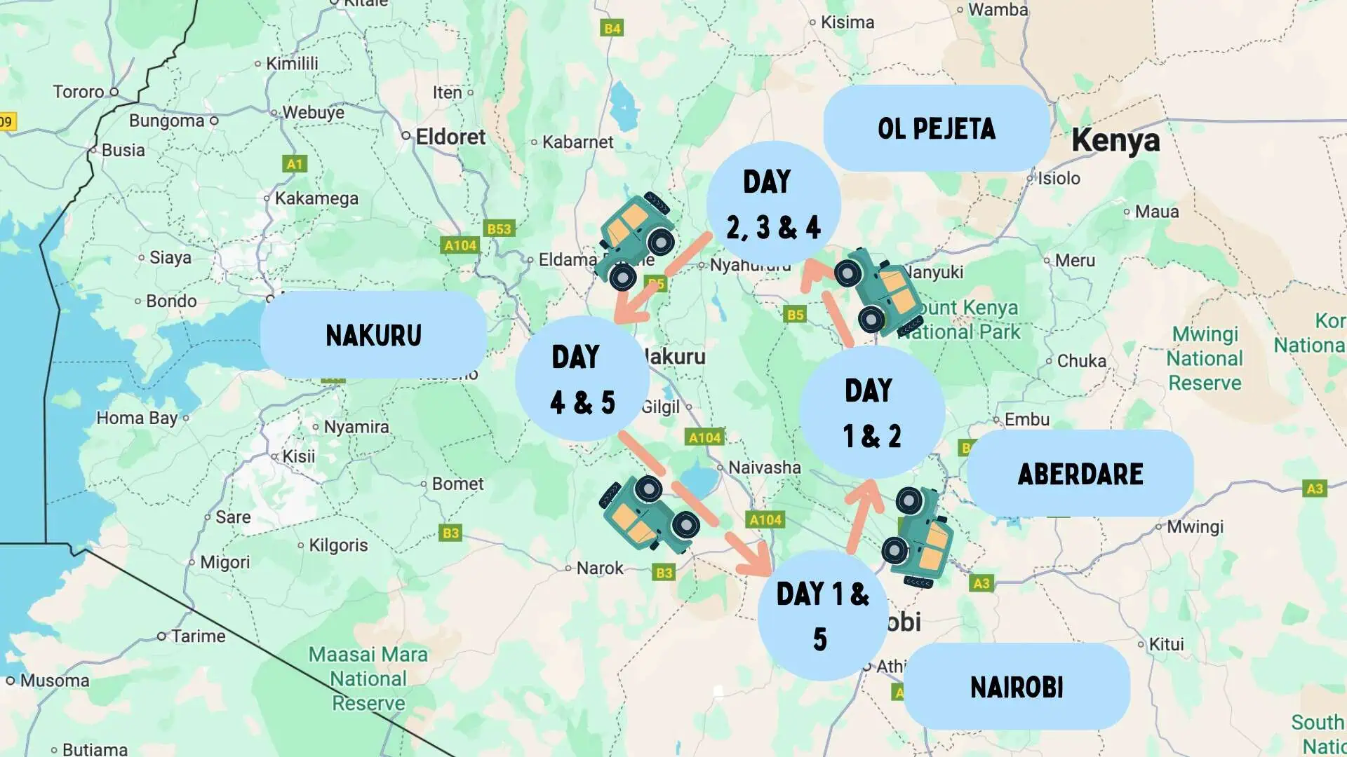 map 5 Day Central Kenya Itinerary