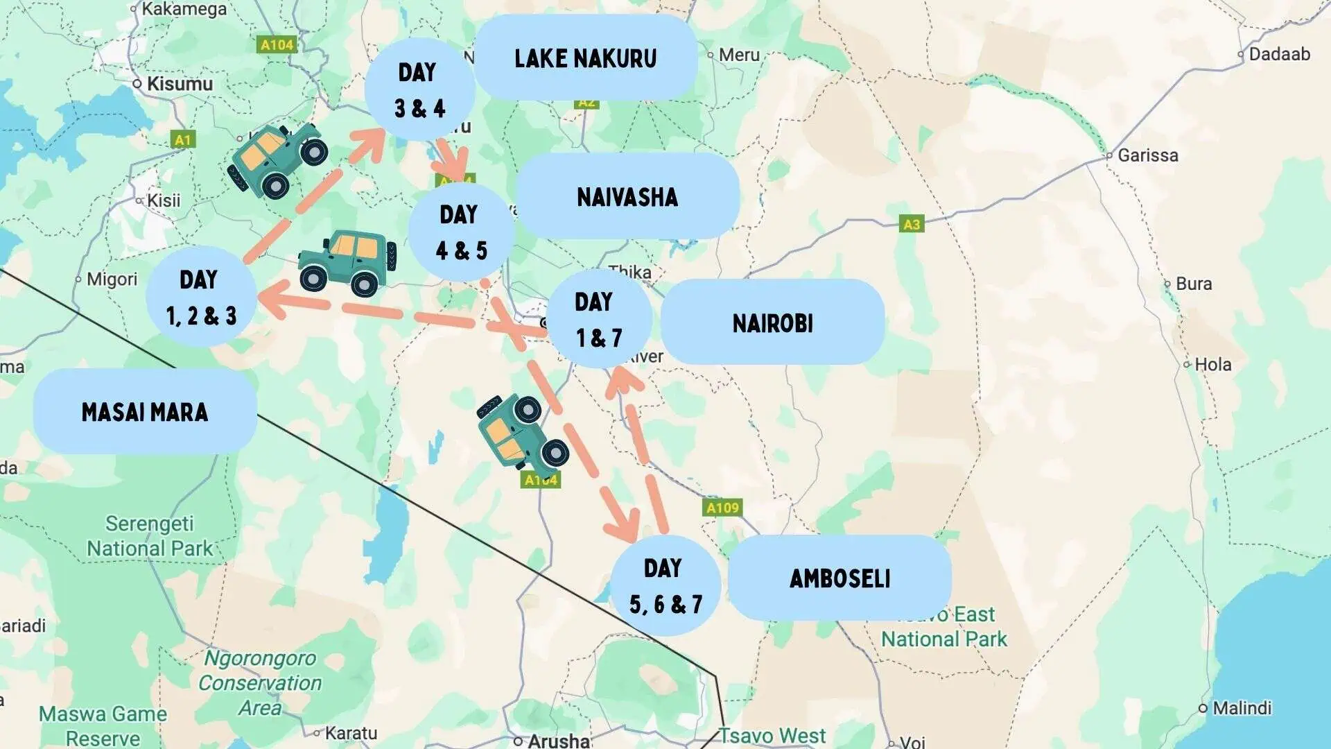 Map of the 7 Day all-in-one Kenya safari