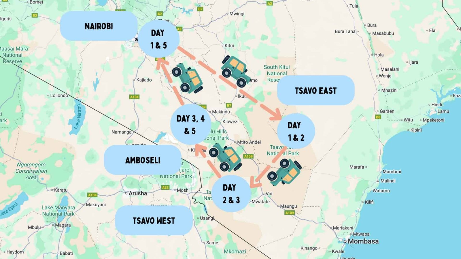 5 Day Kenya Safaris (7 Unique Itineraries for 2026)! 44 map of the 5 Day Eastern Kenya itinerary