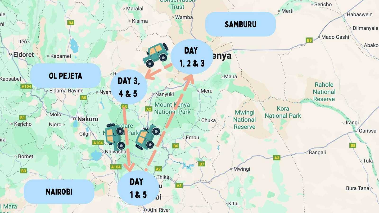 5 Day Kenya Safaris (7 Unique Itineraries for 2026)! 61 Map of the 5 Day Northern Kenya Itinerary