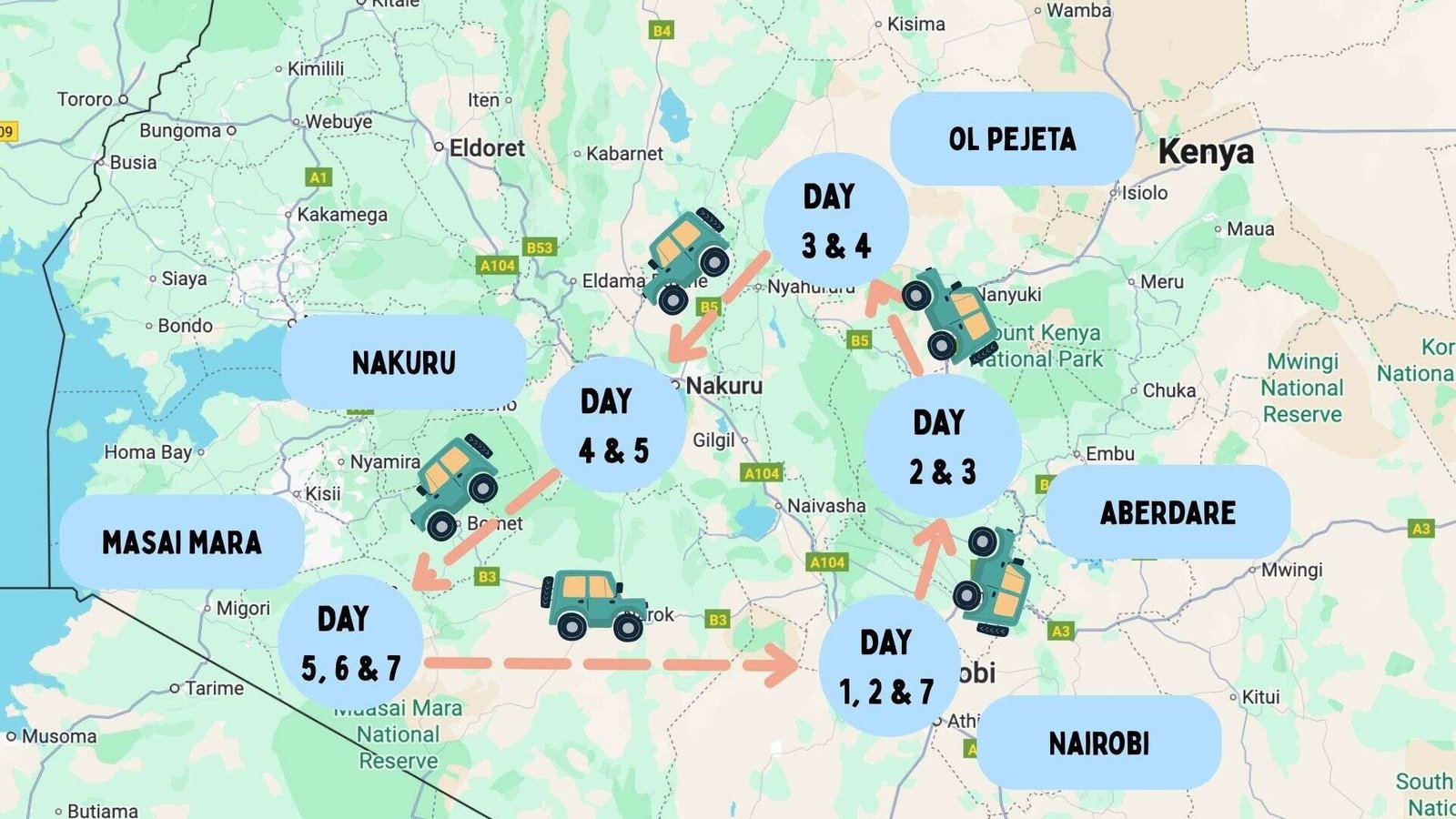 Kenya 7 Day Itinerary: 5 Unique Routes (With Tips And Costs) 45 Map of the 7 day central Kenya highlights itinerary
