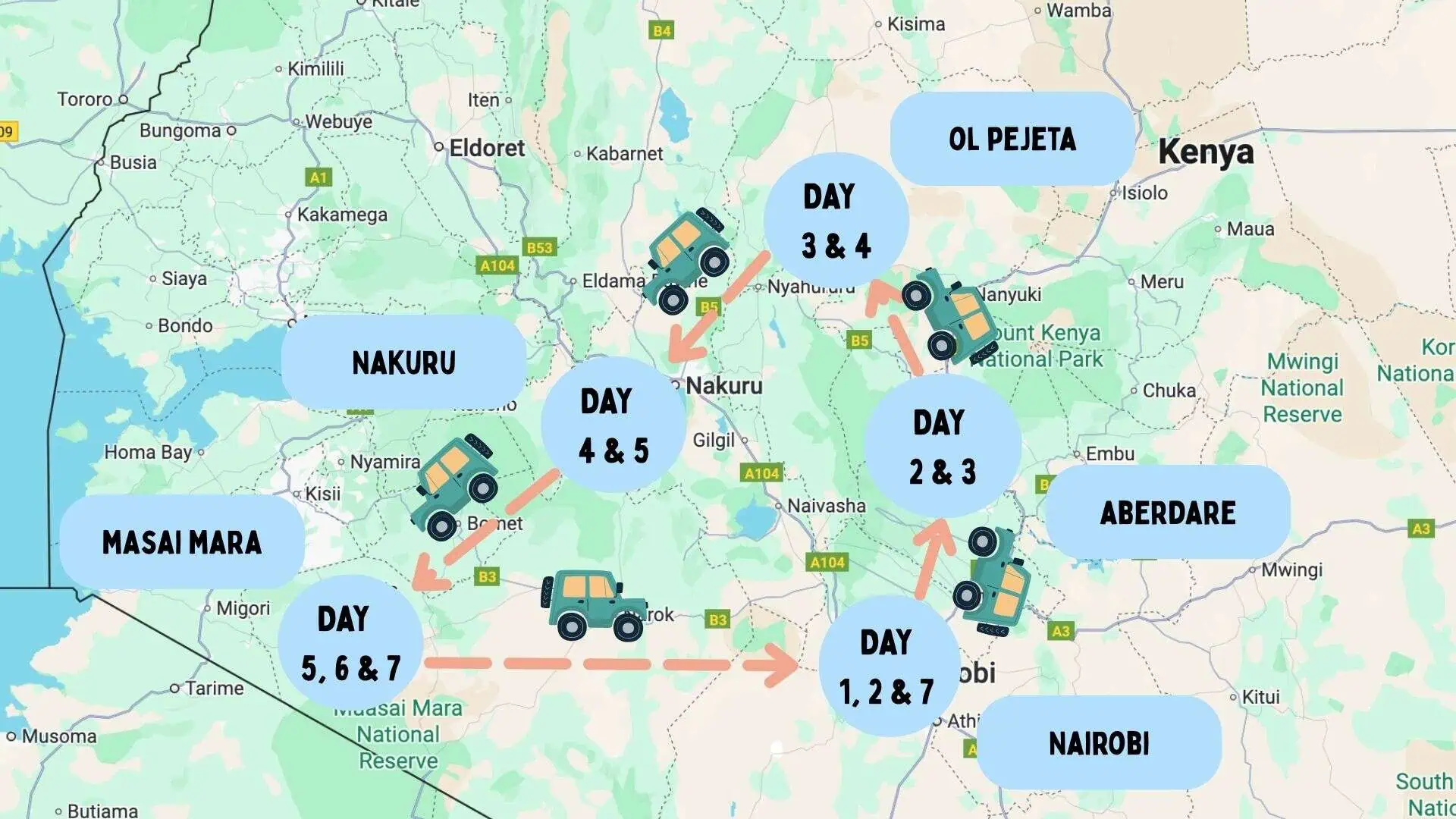 Map of the 7 day central Kenya highlights itinerary