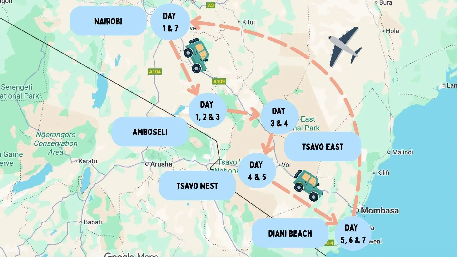 map of the 7 day eastern Kenya safari & beach itinerary