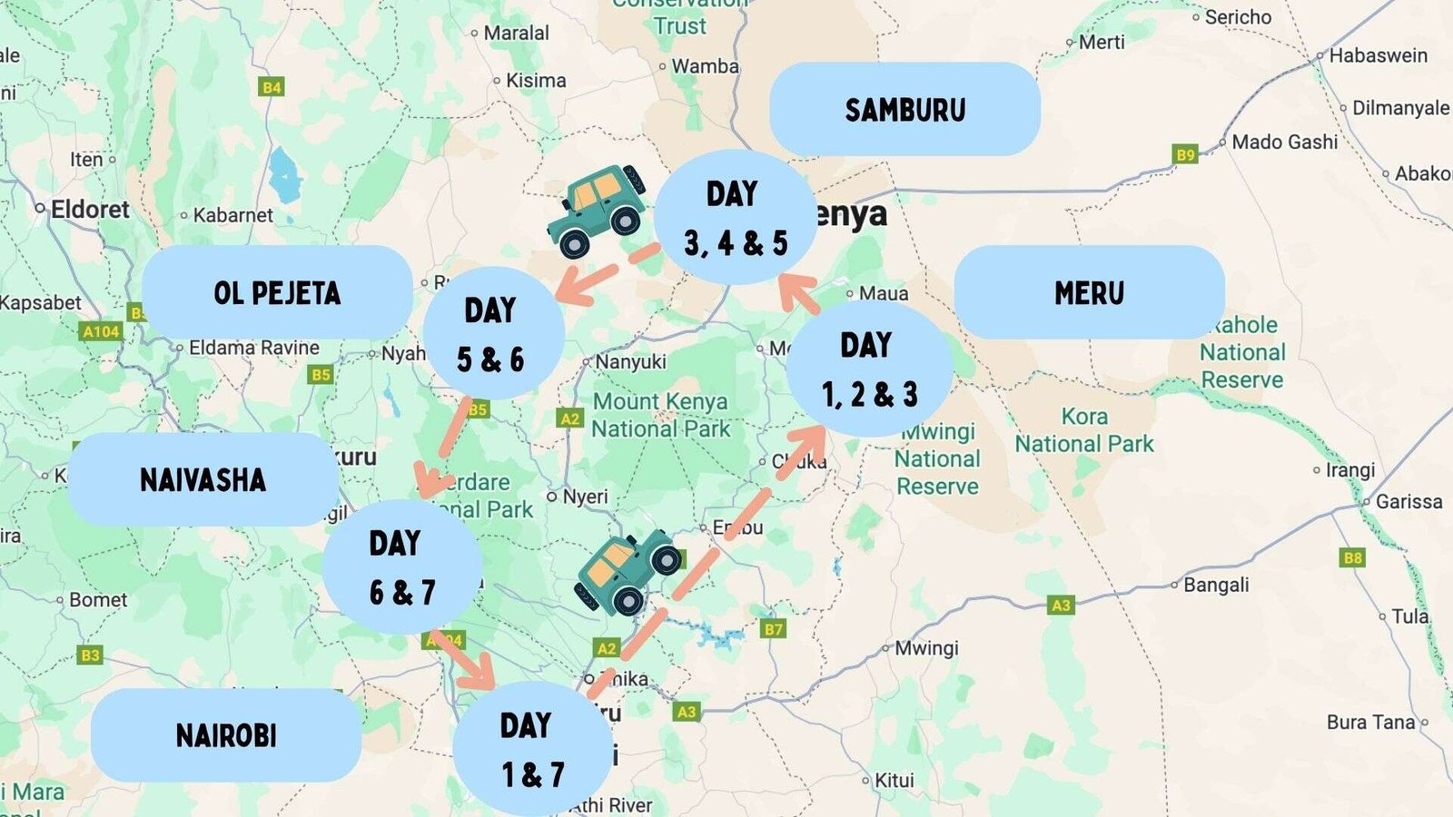 Kenya 7 Day Itinerary: 5 Unique Routes (With Tips And Costs) 97 Map of the 7 day northern Kenya safari itinerary