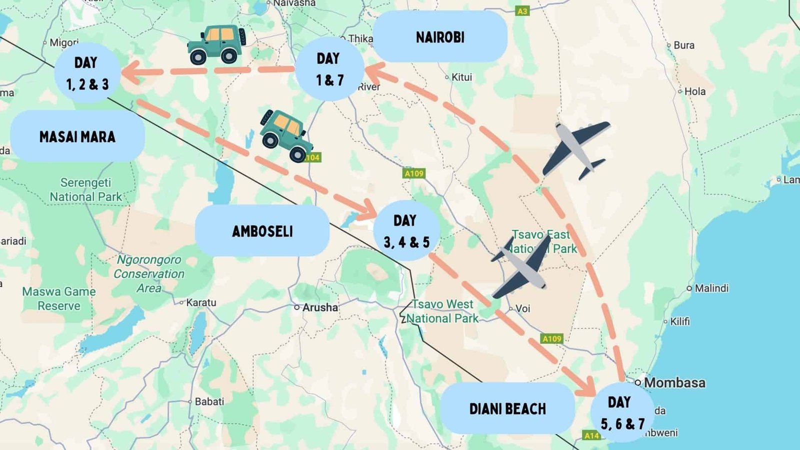Kenya 7 Day Itinerary: 5 Unique Routes (With Tips And Costs) 19 Map of the 7 Day classic Kenya safari & beach itinerary