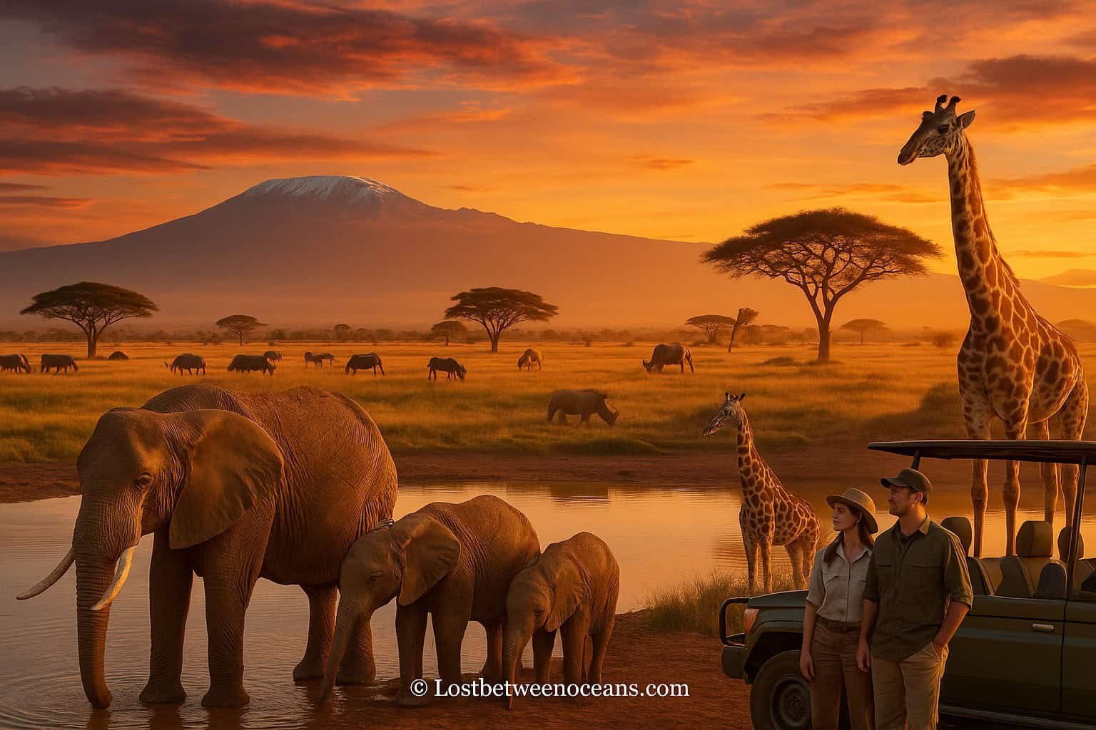 5 Day Kenya Safaris (7 Unique Itineraries for 2026)! 1 Sunset safari scene in Kenya with Mount Kilimanjaro in the background. A family of elephants drinks at a watering hole, while giraffes, rhinos, and wildebeest graze across the savanna. A couple stands beside their safari vehicle watching the wildlife, with warm golden light filling the landscape. Copyright Lostbetweenoceans.com is displayed at the bottom.