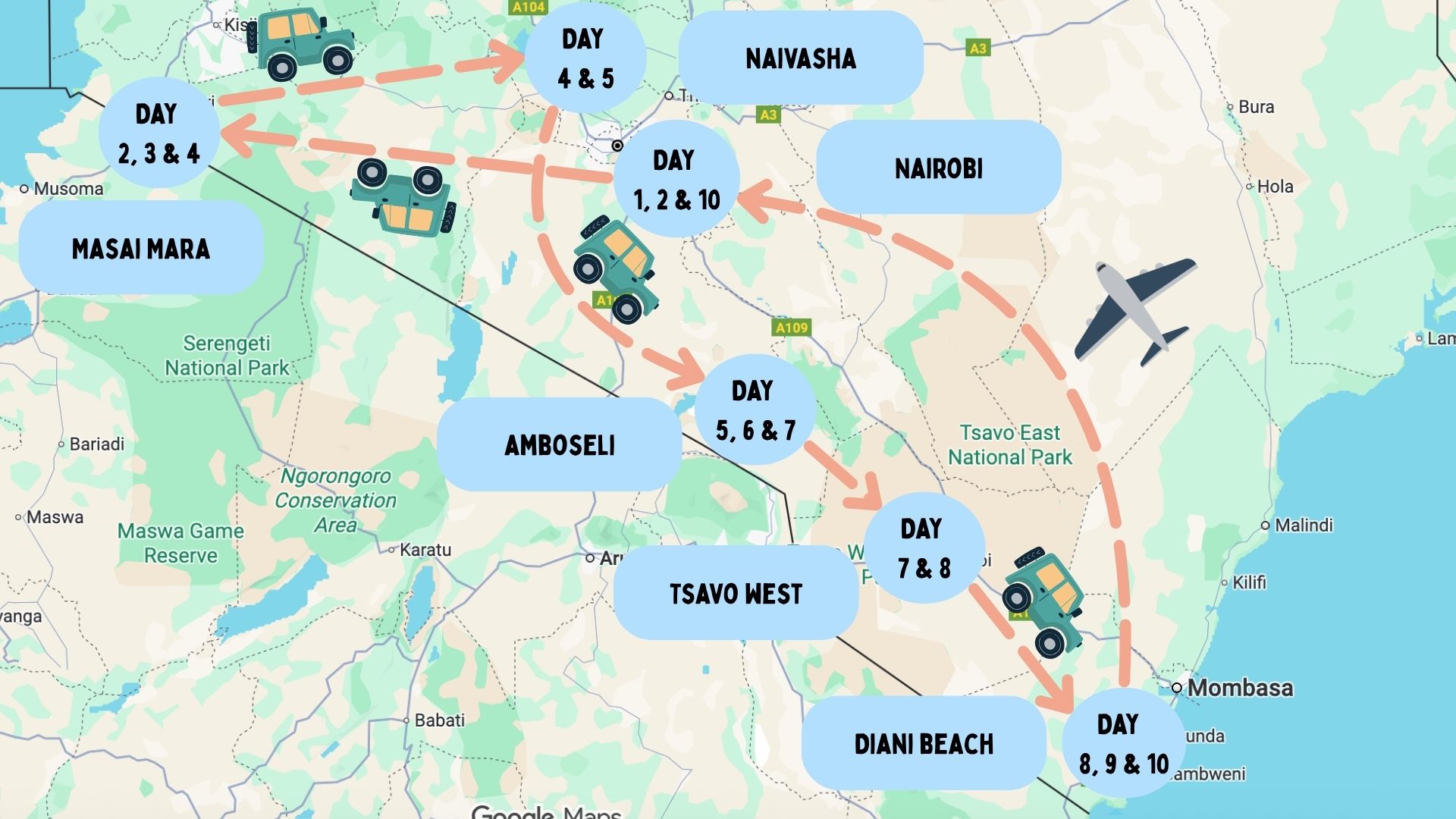 Map of the 10 Day classic Kenya safari & beach itinerary