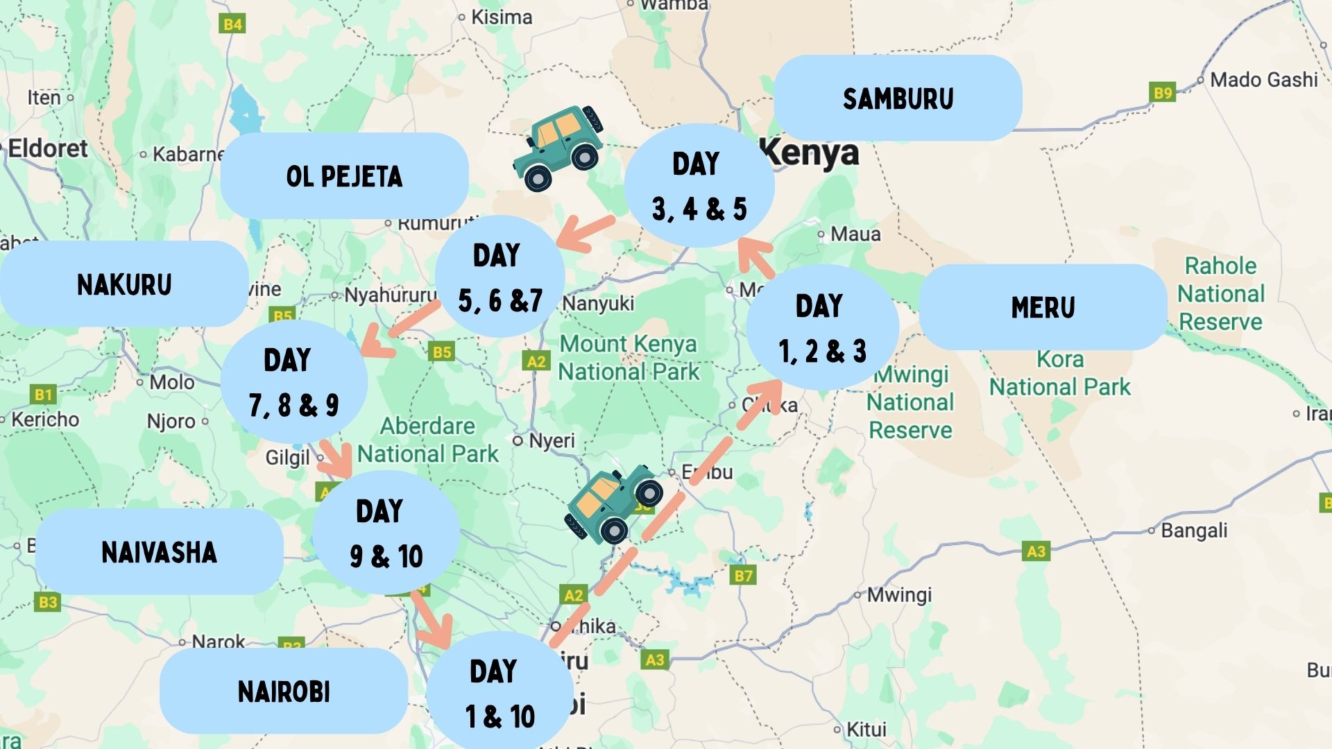 Map of the 10 day Northern Kenya safari itinerary