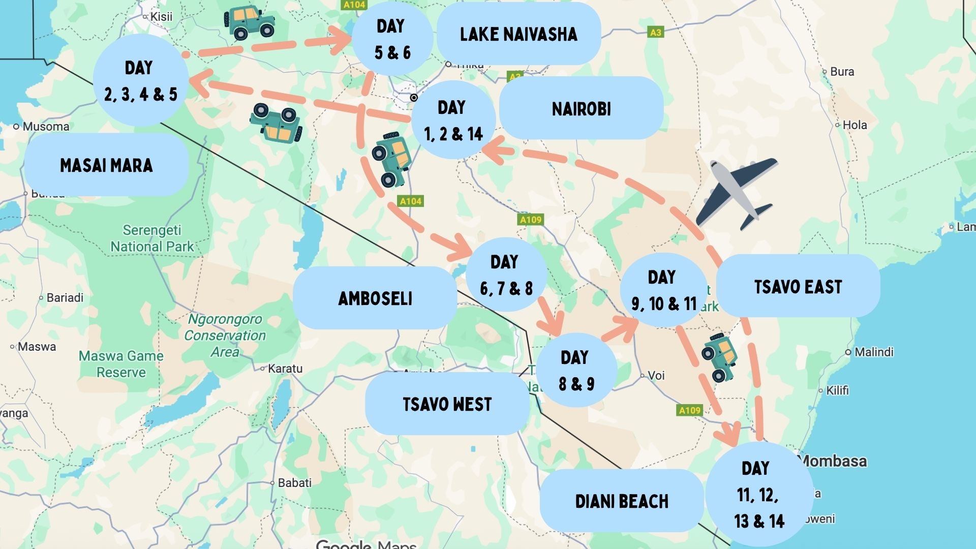 Map of the classic Kenya 2 week itinerary