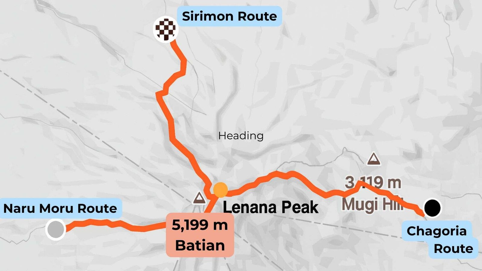 Climbing Mount Kenya: Routes, Prices, and Insider Tips 7 Map of the 3 hiking routes to climbing Mount Kenya: Sirimon Route, Naru Moru Route and Chagoria Route