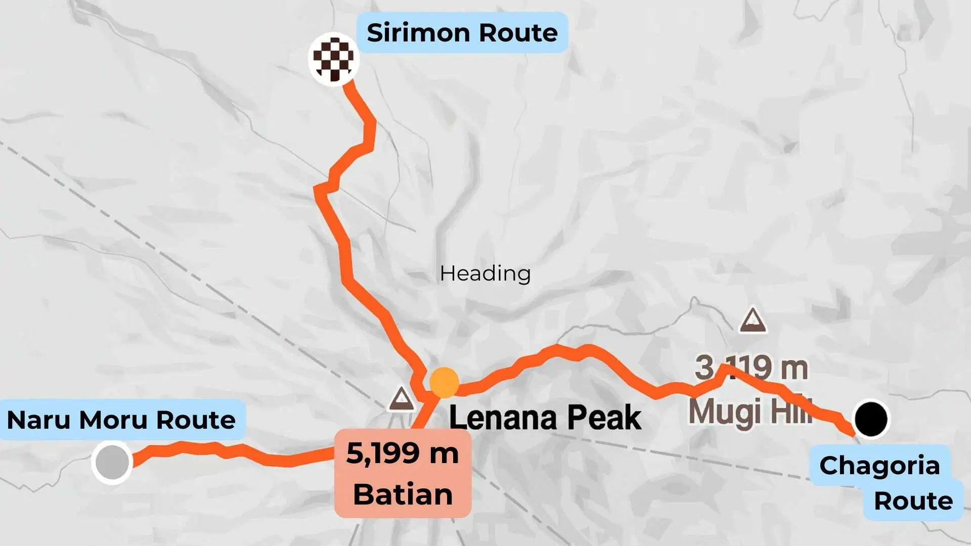 Map of the 3 hiking routes to climbing Mount Kenya: Sirimon Route, Naru Moru Route and Chagoria Route