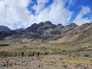 A stunning view at Mount Kenya highlighting rugged terrain, distant peaks, and clear skies, perfect for outdoor exploration and nature photography enthusiasts.