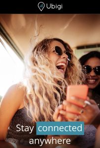 Ubigi promotional material woman laughing at phone