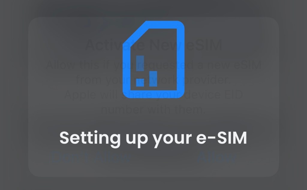Setting up eSIM screen from GigSky