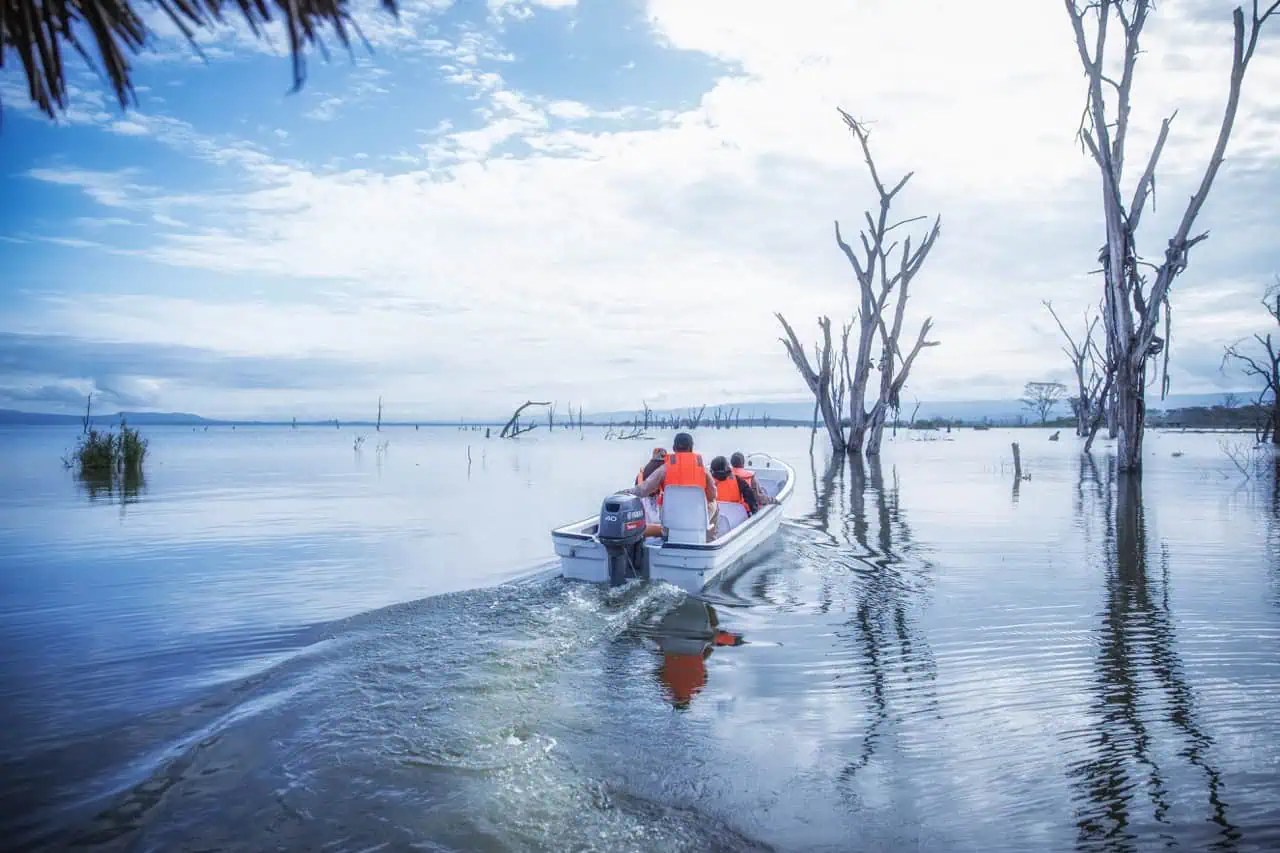 A boat with travelers navigating a flooded landscape at Lake Naivasha with leafless trees and cloudy skies, capturing the mysterious and atmospheric scenery of Lost Between Oceans.