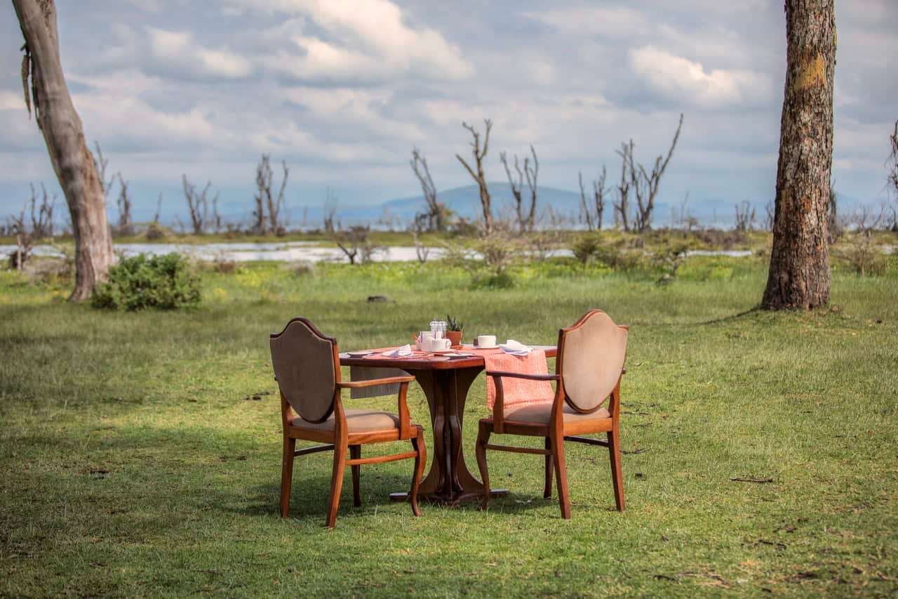 Naivasha in Kenya Travel Guide (With Itinerary and Tips) for 2026! 5 A scenic outdoor dining setup in a lush grassy area with trees and distant mountains, perfect for a peaceful getaway at Lost Between Oceans.