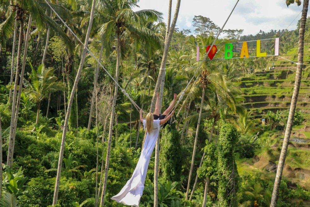 22 Best Things to Do in Ubud, Bali (First-Timer's Guide) 24 A young girl sways on a swing over a high canyon. Young tourist woman swinging on a cliff in the jungle rainforest of tropical Tegalalang, Bali. Swing suspended between two coconut trees. I love Bali.