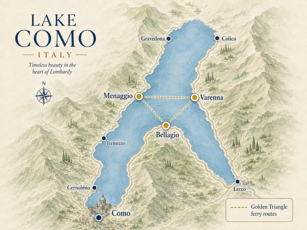 Lecco Guide: What To Do In This Lake Como Hiking Town? 2 Map of Lake Como with the towns Gravedona, Como, Varenna, Colico, Menaggio, Lecco, Tremezzo, Bellagio and Cernobbio