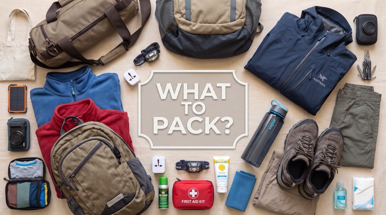 What to Pack for Uruguay: Our Essential Packing List 11 Thumbnail what to pack for Uruguay with many different items displayed like a duffle back, daypack, water bottle...
